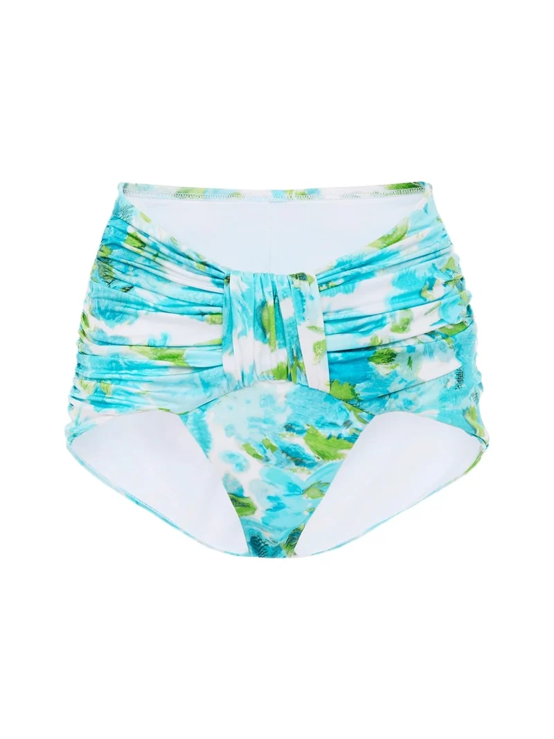 Aqua flower-print mid-rise draped bikini bottoms