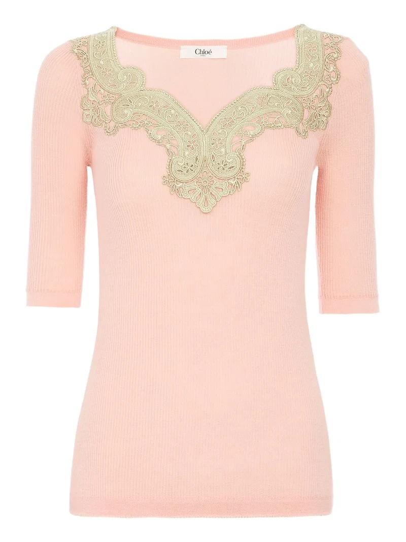 Chloé Elbow-sleeve fitted sweater in a wool knit & lace