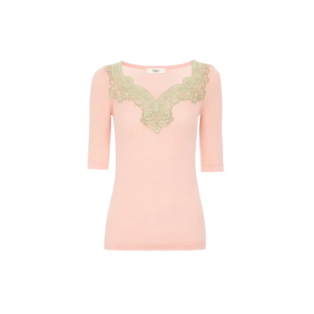 Chloé Elbow-sleeve fitted sweater in a wool knit & lace | Image 1 Chloé Elbow-sleeve fitted sweater in a wool knit & lace | Image 1