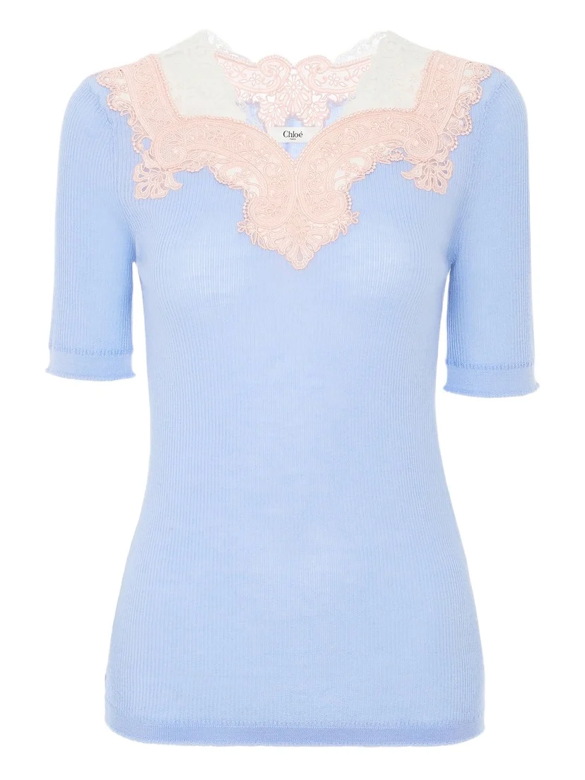 Chloé Elbow-sleeve fitted sweater in a wool knit & lace