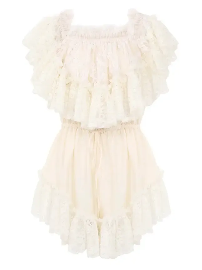 Off-the-shoulder mini jumpsuit in washed silk satin & lace