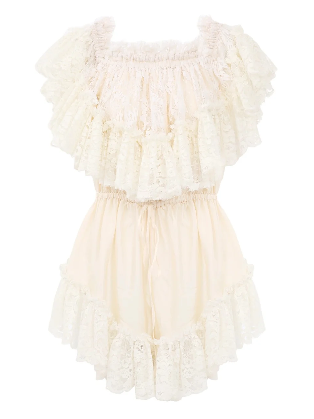 Off-the-shoulder mini jumpsuit in washed silk satin & lace Off-the-shoulder mini jumpsuit in washed silk satin & lace