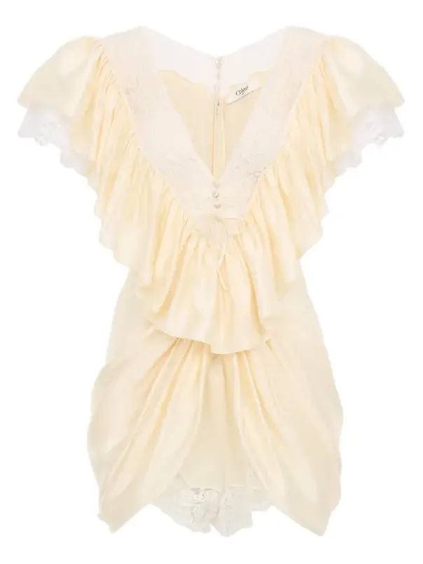 V-neck short jumpsuit in washed silk satin & lace