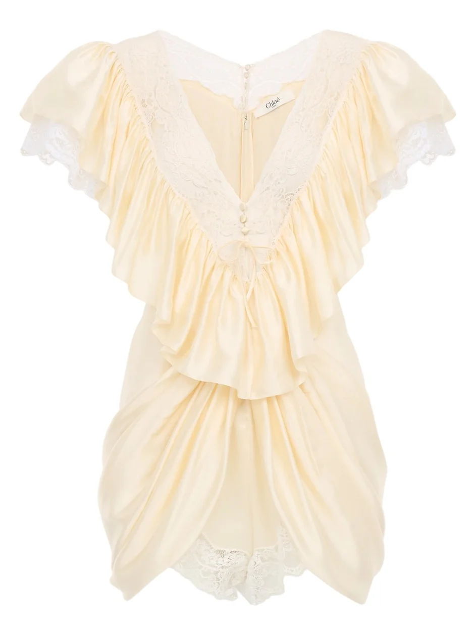 V-neck short jumpsuit in washed silk satin & lace