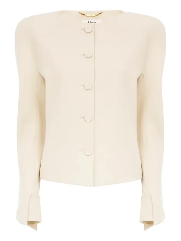 Collarless fitted jacket in wool grain de poudre