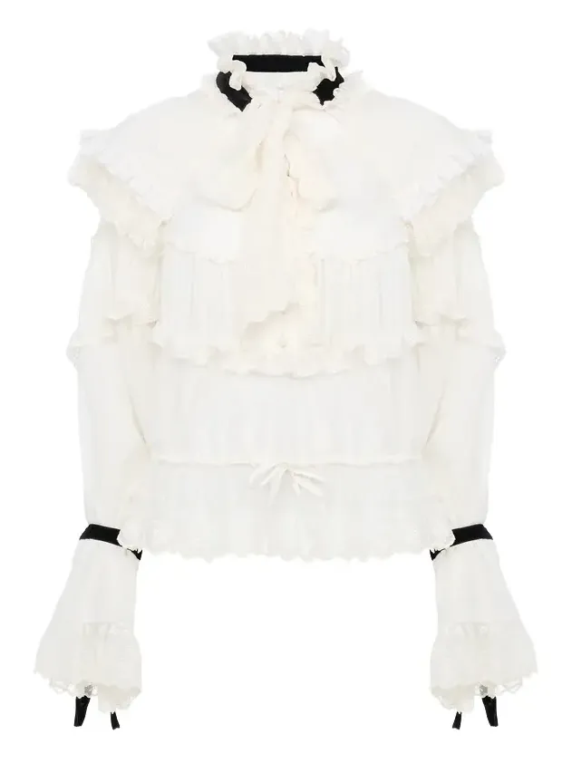 Tie-front ruffle top in silk mousseline & lace