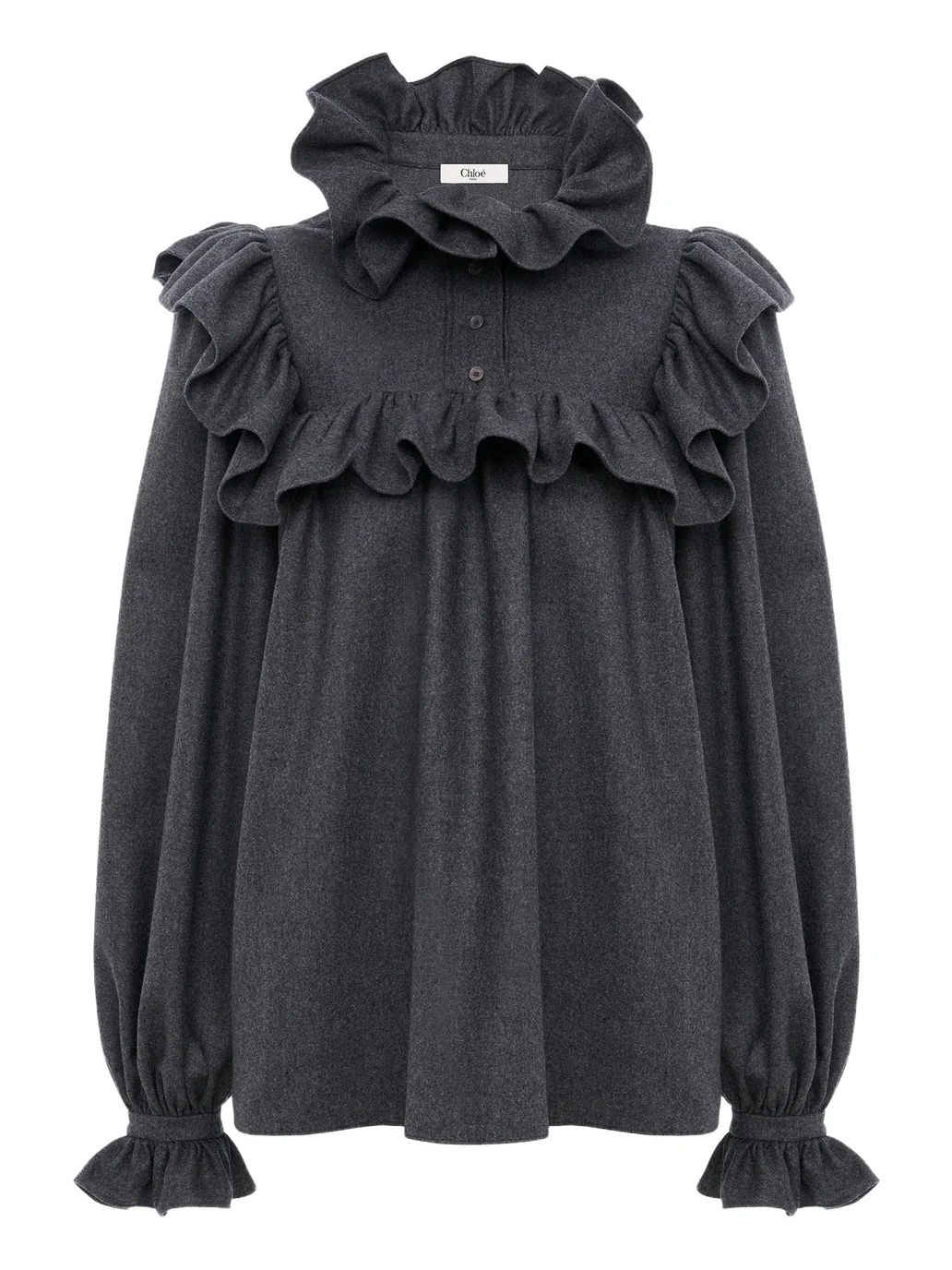 High-neck ruffle top in wool & cashmere flannel