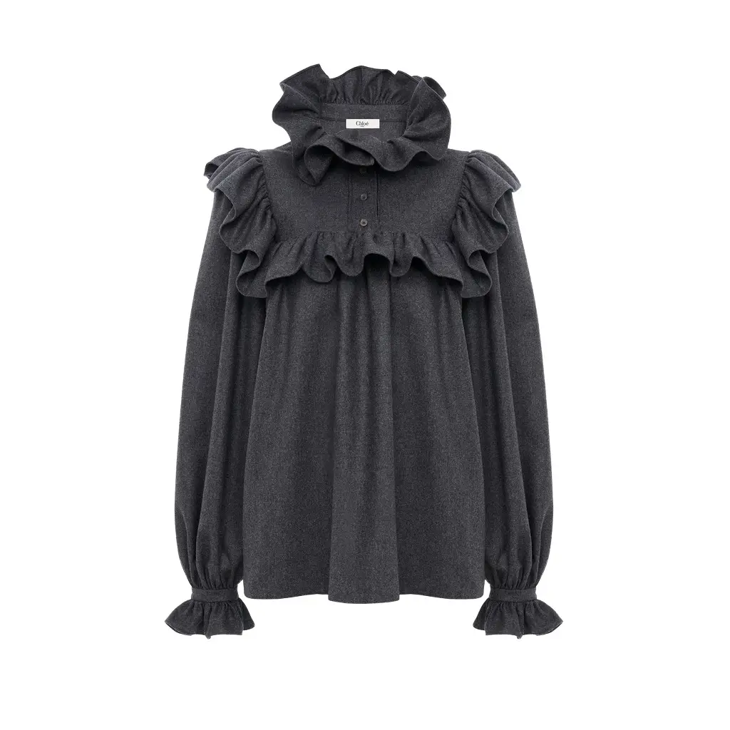 Chloé High-neck ruffle top in wool & cashmere flannel | Image 1 Chloé High-neck ruffle top in wool & cashmere flannel | Image 1