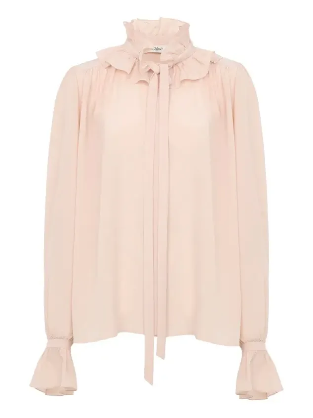 Tie-front ruffled blouse in crêpe de chine Tie-front ruffled blouse in crêpe de chine