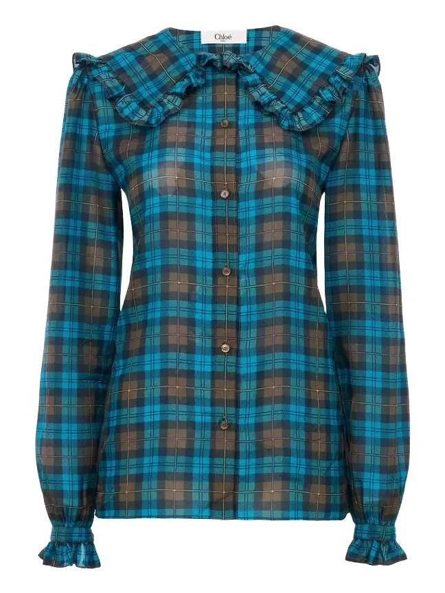 Ruffled lavallière blouse in check silk habotai
