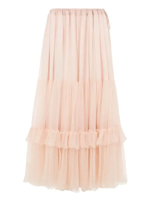 Ruffled long skirt in silk mousseline