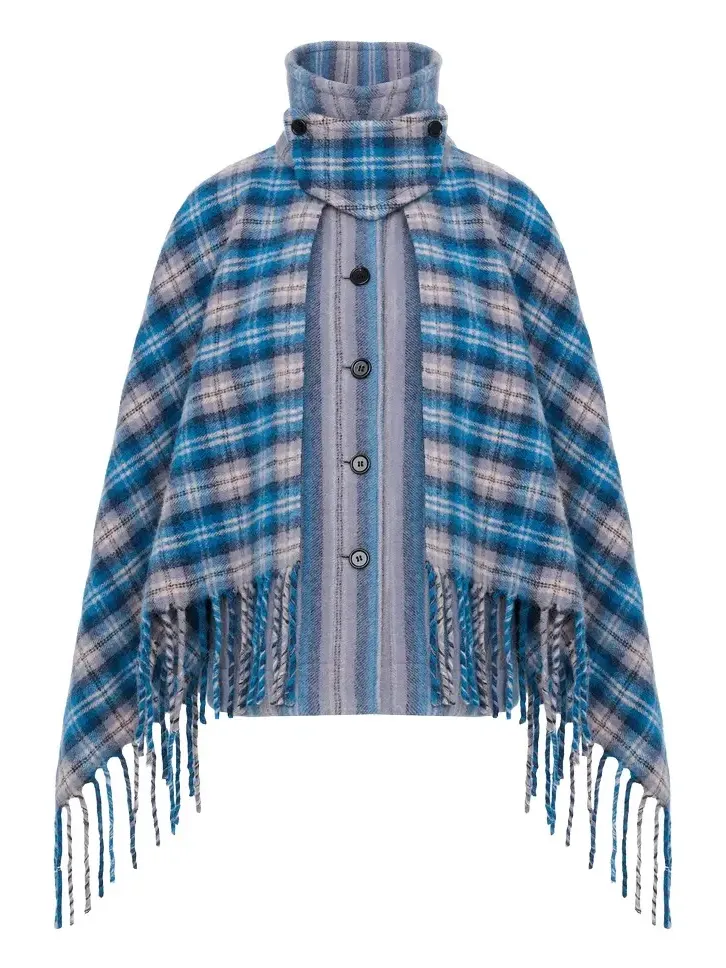 Chloé High-neck short cape coat in check wool & alpaca