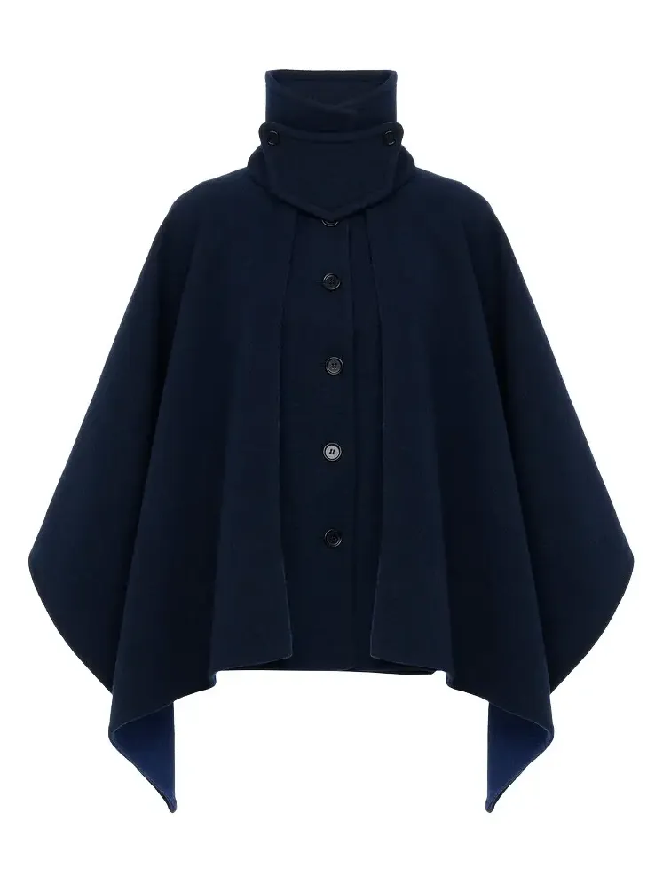 High-neck short cape coat in washed double-face wool High-neck short cape coat in washed double-face wool