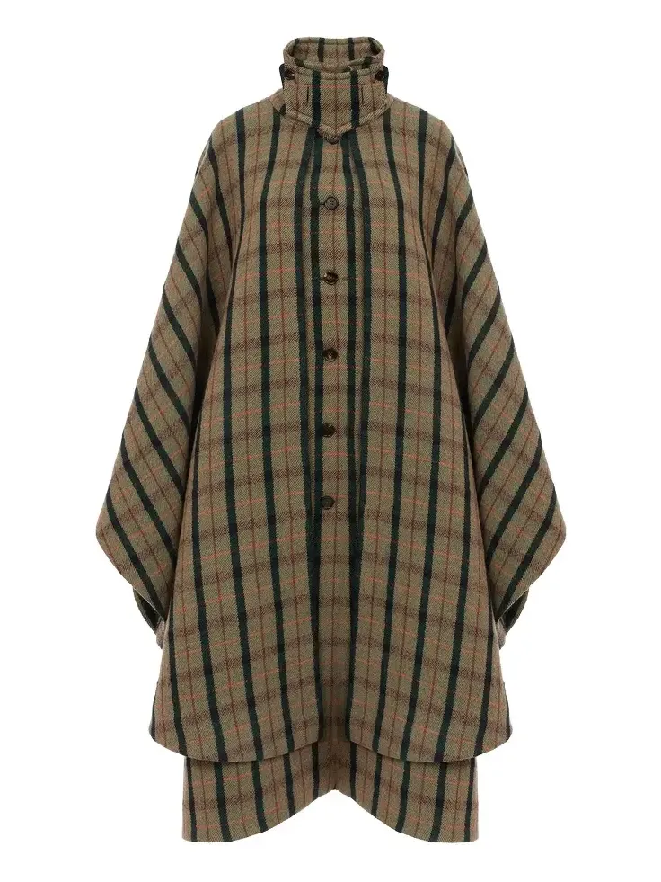 Chloé Layered long cape coat in brushed check wool