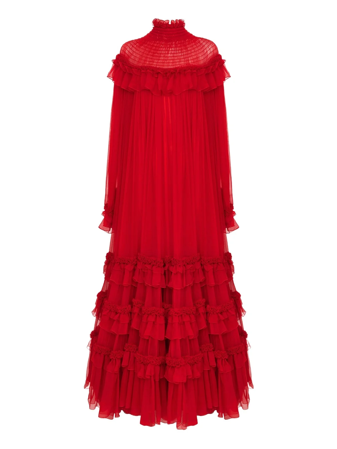 High-neck ruffled long dress in silk mousseline