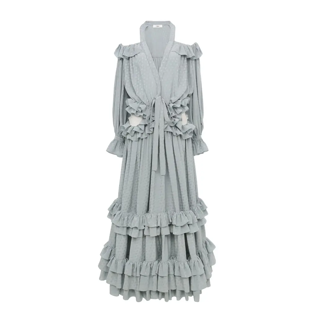 Cut-out long ruffled dress in silk jacquard Cut-out long ruffled dress in silk jacquard