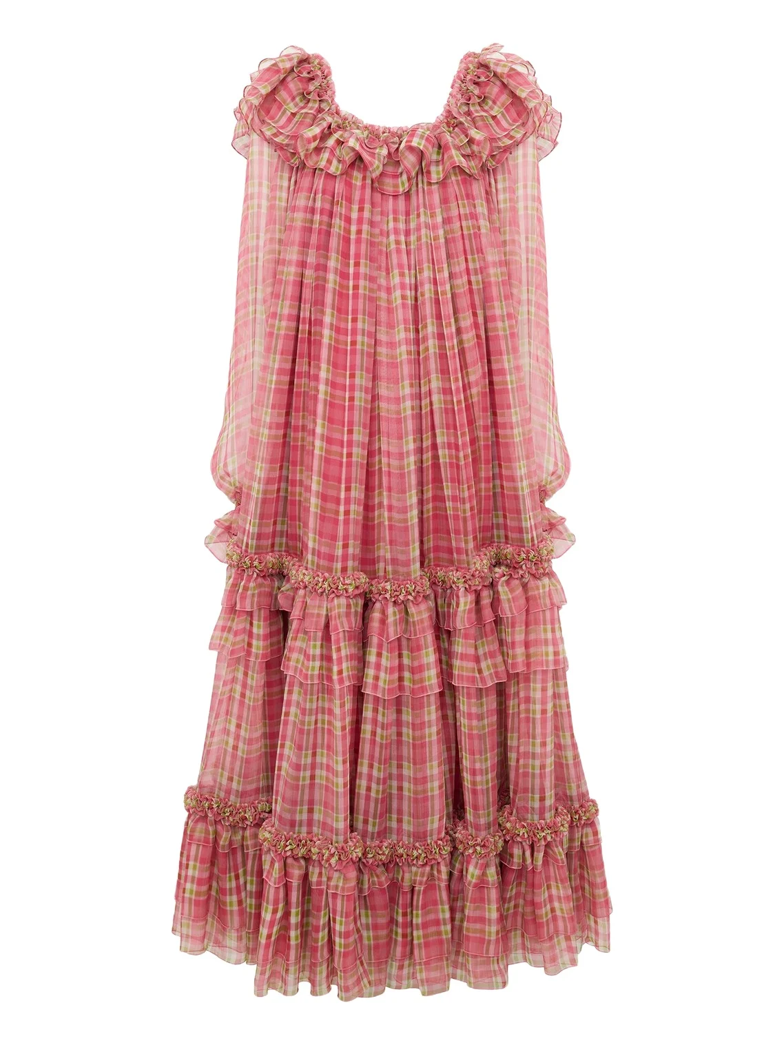 Square-neck midi dress in check silk mousseline Square-neck midi dress in check silk mousseline