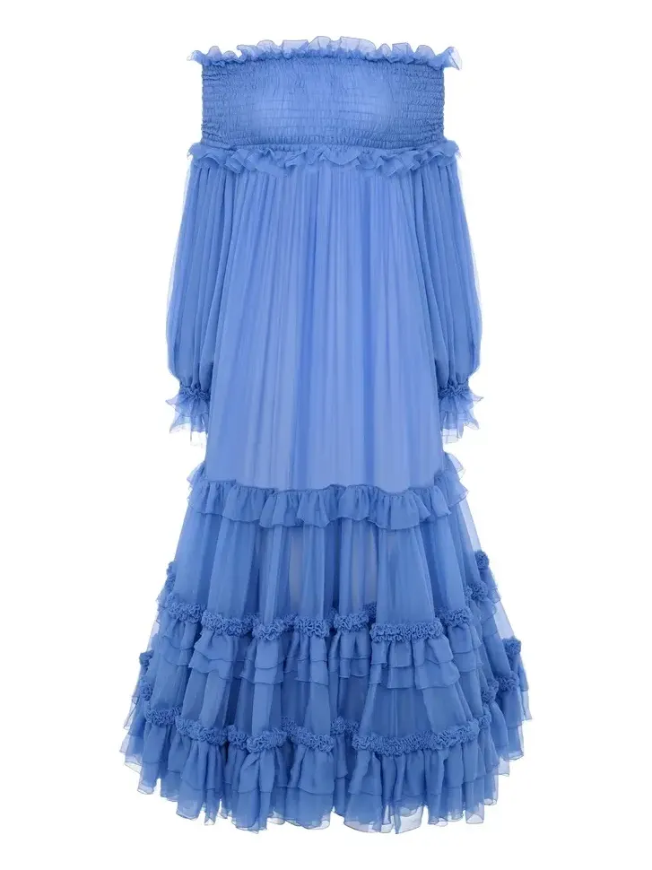 Off-the-shoulder long dress in silk mousseline