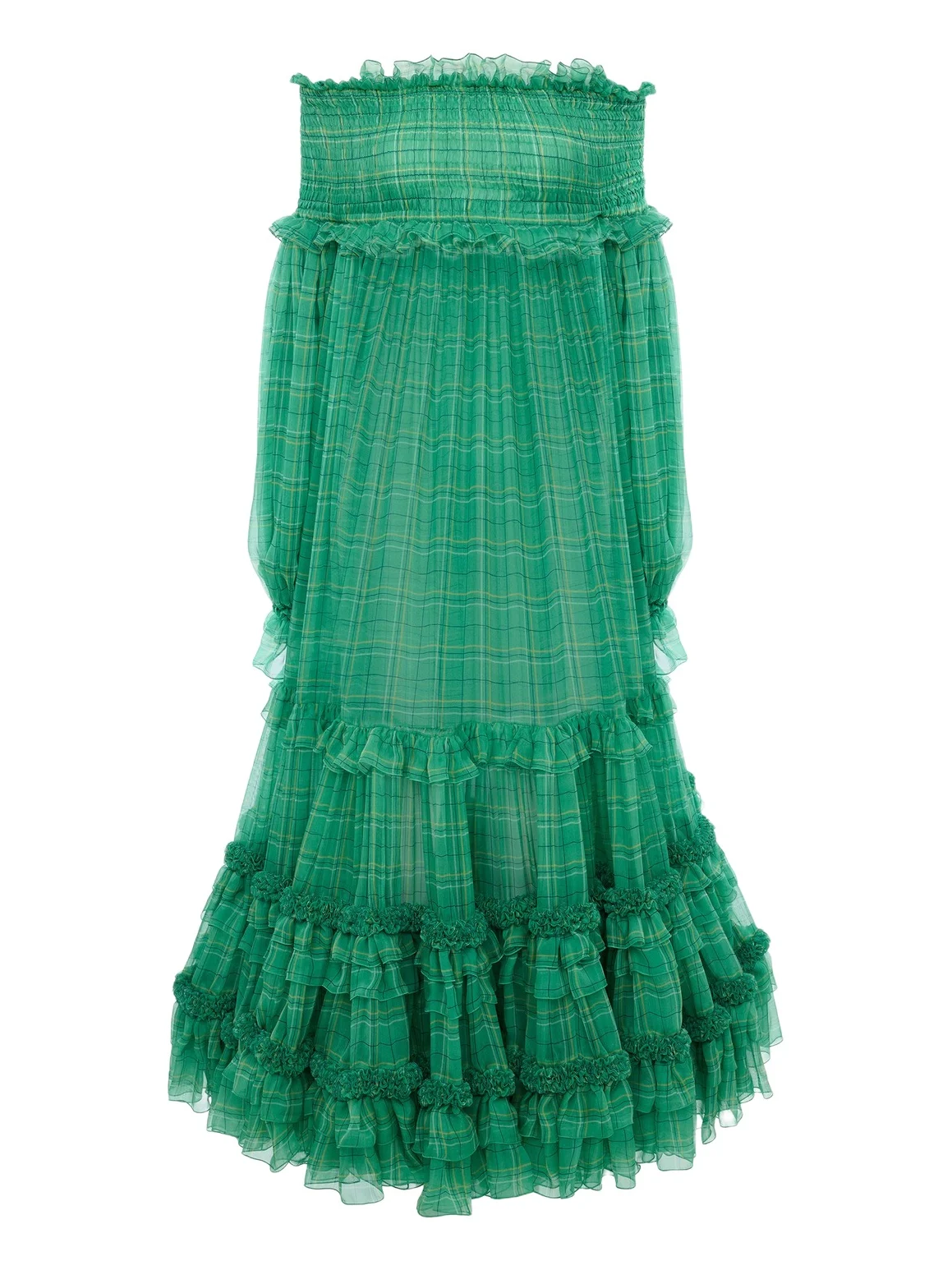 Chloé Off-the-shoulder long dress in check silk mousseline