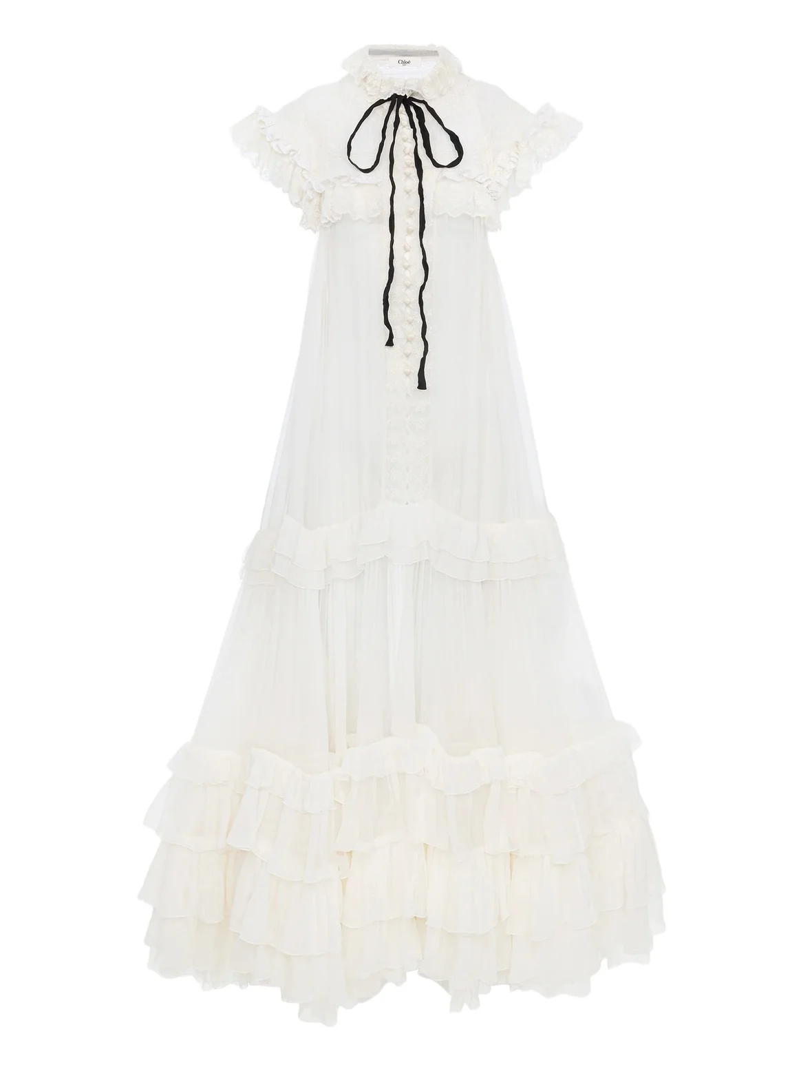 Tie-front ruffled long dress in silk mousseline & lace Tie-front ruffled long dress in silk mousseline & lace
