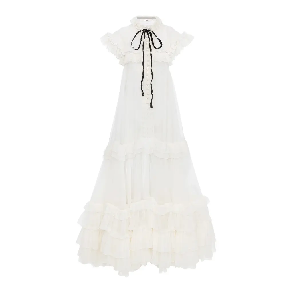Chloé Tie-front ruffled long dress in silk mousseline & lace | Image 1 Chloé Tie-front ruffled long dress in silk mousseline & lace | Image 1