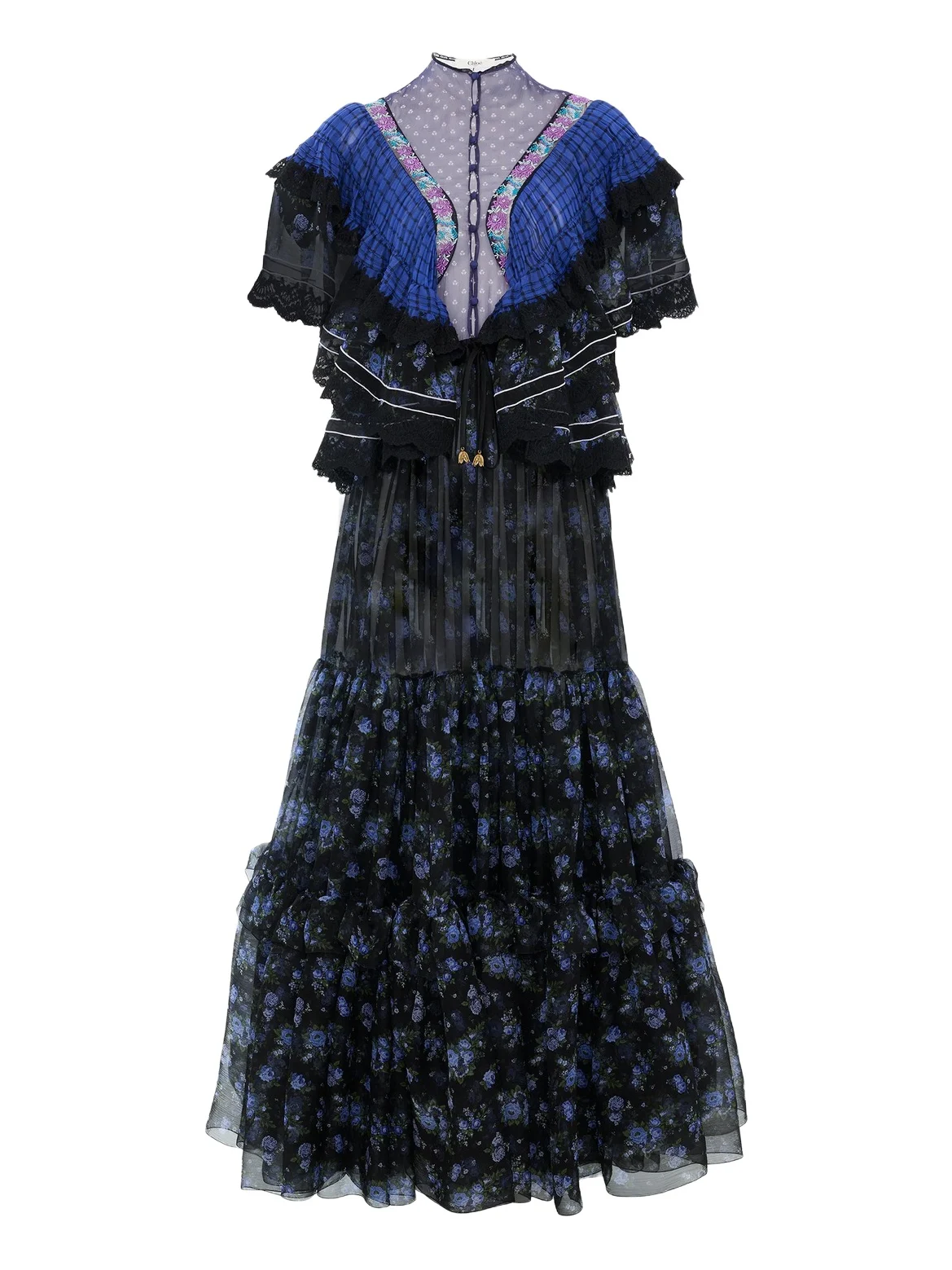 Ruffled long dress in silk mousseline & lace Ruffled long dress in silk mousseline & lace