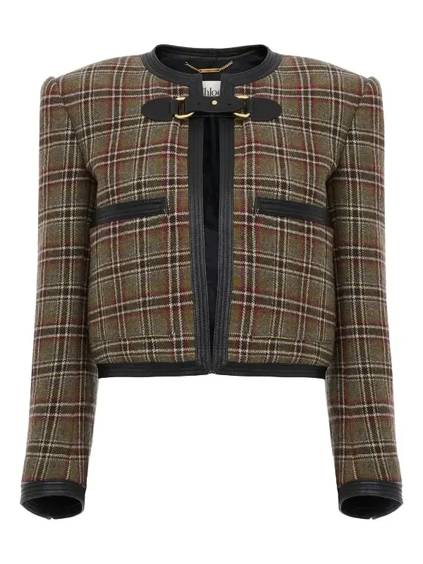 Collarless cropped boxy jacket in check wool