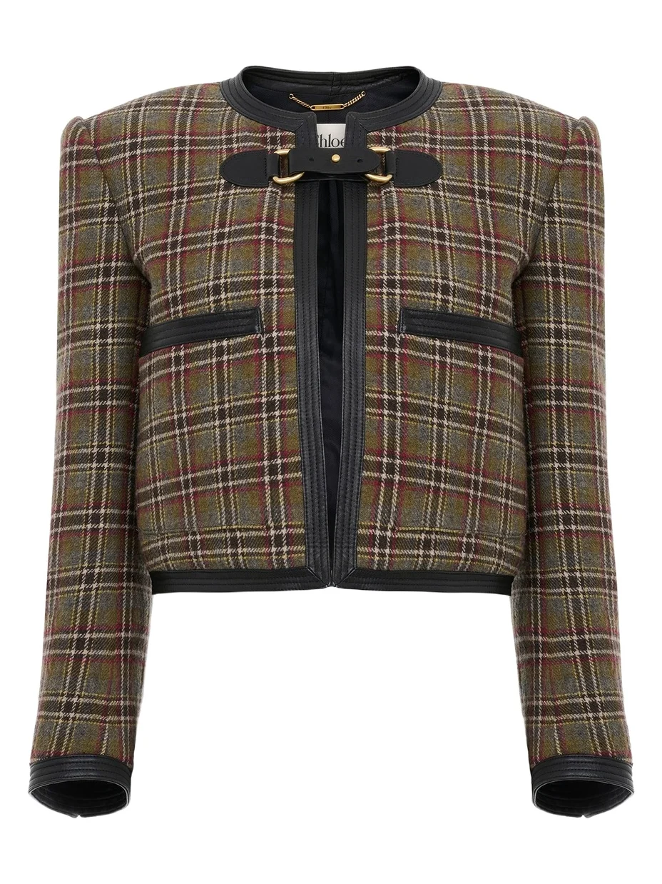 Chloé Collarless cropped boxy jacket in check wool