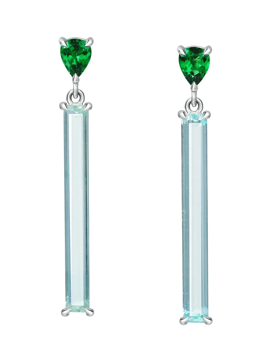Big Aquamarine and Tsavorite Bar Earrings