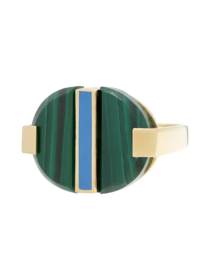 Malachite and Enamel Deco Empanada Ring