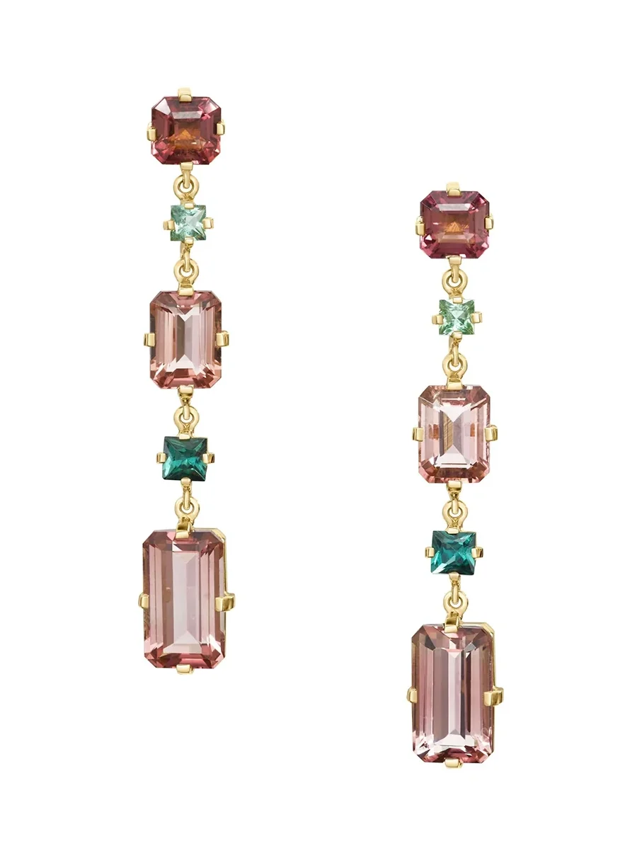 YI COLLECTION Pink Tourmaline and Indicolite Cascade Bar Earrings