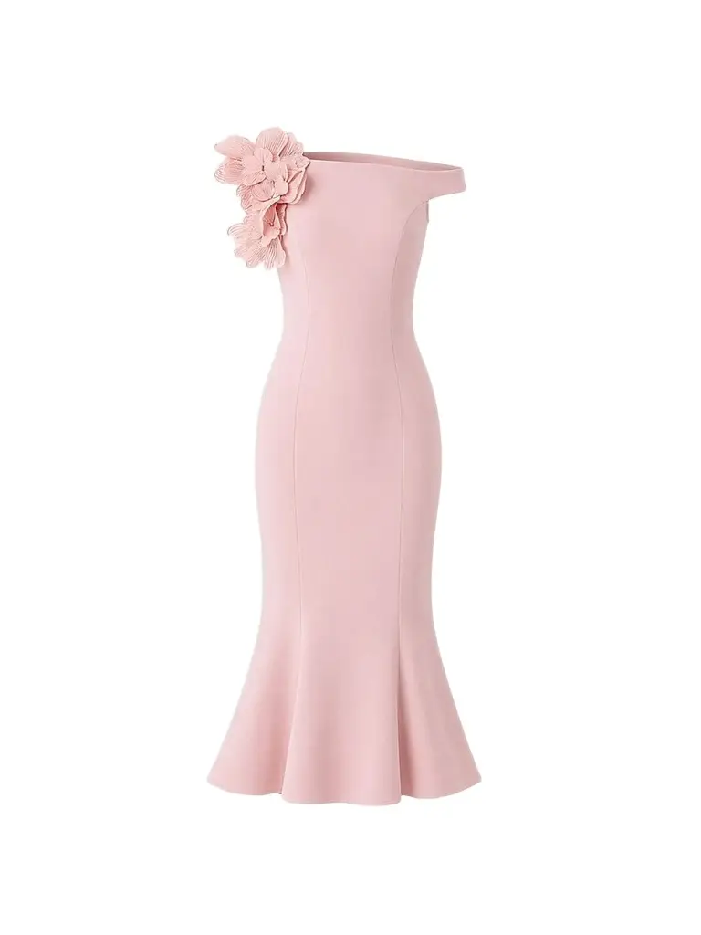 Teri Jon by Rickie Freeman Women's Off-The-Shoulder Trumpet-Hem Crepe Midi Dress - Rose Pink | Image 1 Teri Jon by Rickie Freeman Women's Off-The-Shoulder Trumpet-Hem Crepe Midi Dress - Rose Pink | Image 1