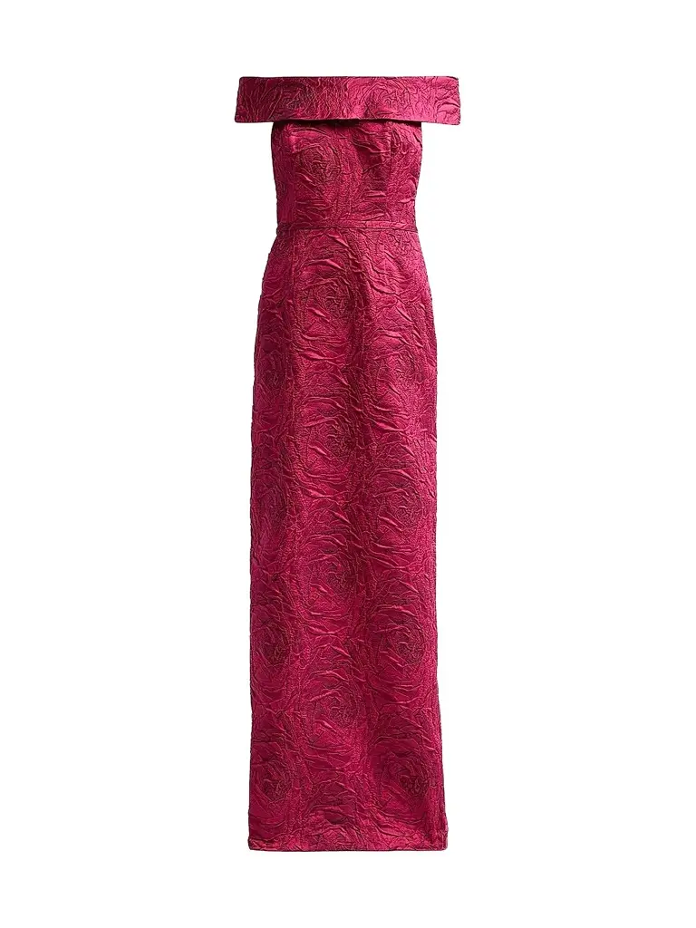 Teri Jon by Rickie Freeman Women's Jacquard Off-The-Shoulder Gown - Lipstick | Image 1 Teri Jon by Rickie Freeman Women's Jacquard Off-The-Shoulder Gown - Lipstick | Image 1
