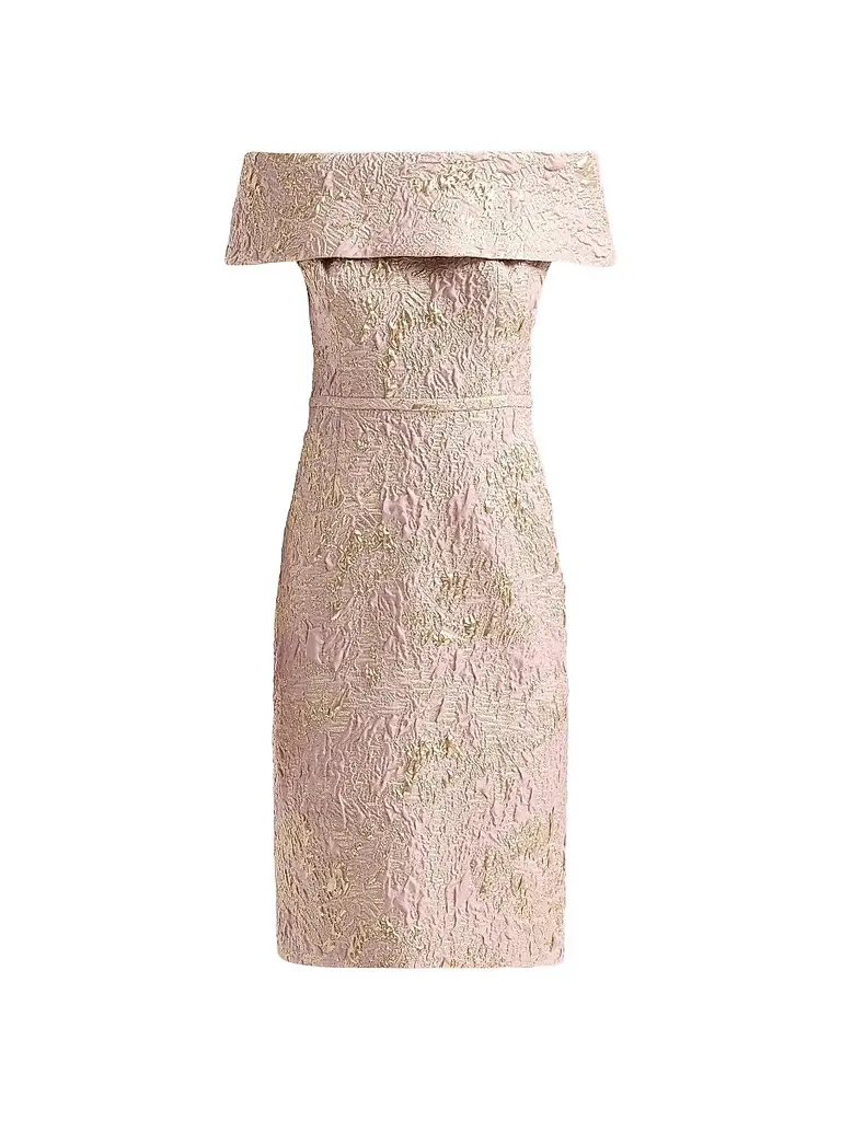 Teri Jon by Rickie Freeman Women's Metallic Jacquard Off-The-Shoulder Mini Dress - Blush Gold | Image 1 Teri Jon by Rickie Freeman Women's Metallic Jacquard Off-The-Shoulder Mini Dress - Blush Gold | Image 1
