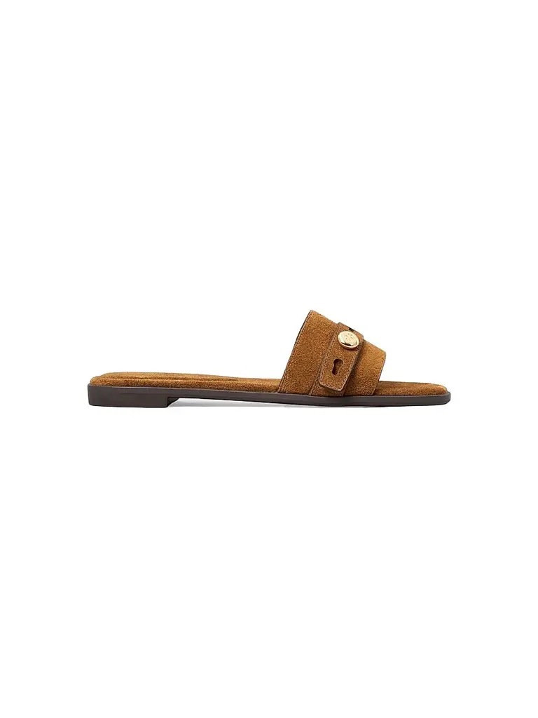 Tory Burch Women's Romy Suede Flat Sandals - Caramel | Image 1 Tory Burch Women's Romy Suede Flat Sandals - Caramel | Image 1