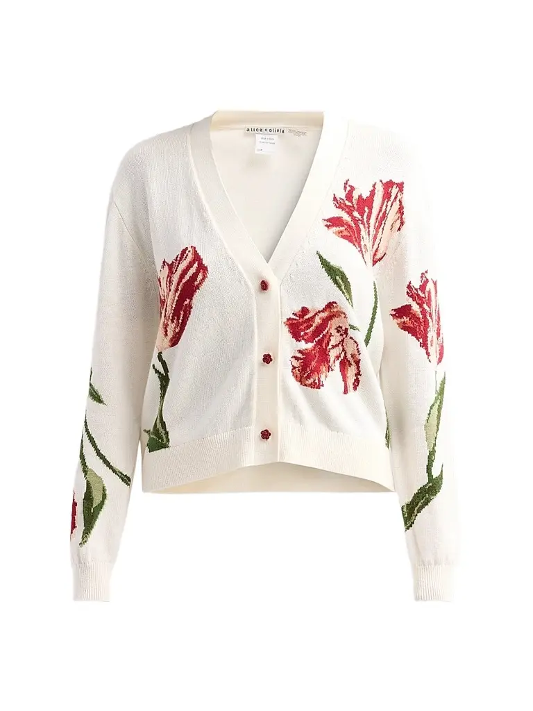 Alice + Olivia Women's Bradley Floral Intarsia-Knit Short Cardigan - Soft White Multi - Size XL | Image 1 Alice + Olivia Women's Bradley Floral Intarsia-Knit Short Cardigan - Soft White Multi - Size XL | Image 1