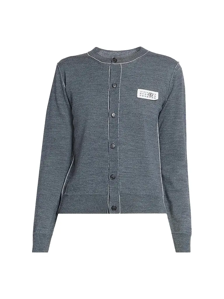 MM6 MAISON MARGIELA Women's Contrast-Seam Virgin Wool-Blend Cardigan - Grey Melange - Size XS | Image 1 MM6 MAISON MARGIELA Women's Contrast-Seam Virgin Wool-Blend Cardigan - Grey Melange - Size XS | Image 1