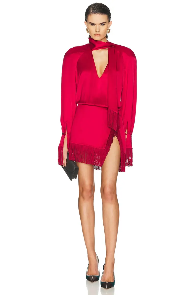 Rowen Rose Satin Fringe Mini Dress | Thumbnail 4