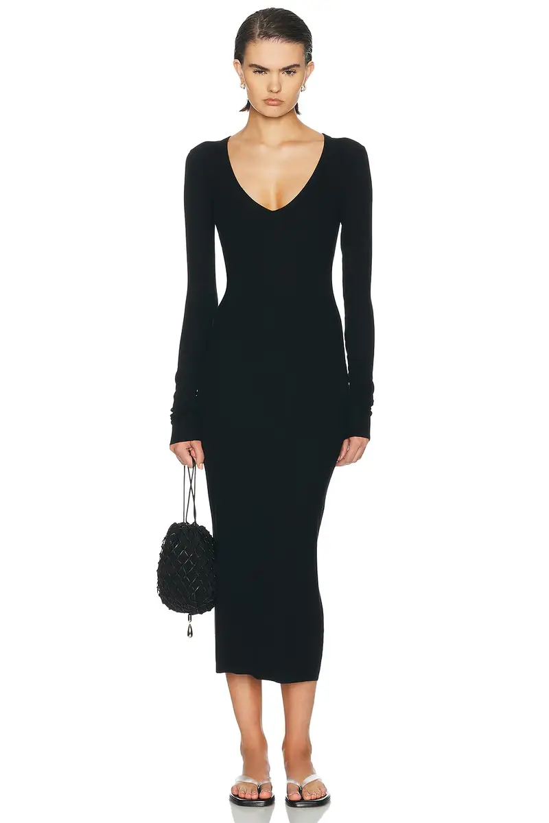 ÉTERNE V Neck Butter Rib Midi Dress | Image 1 ÉTERNE V Neck Butter Rib Midi Dress | Image 1