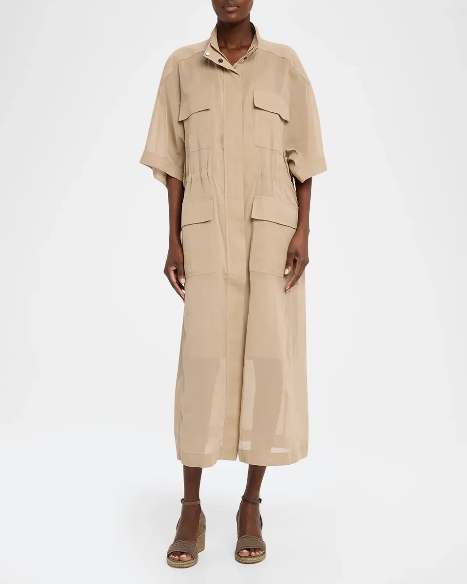 Brunello Cucinelli Short-Sleeve Cotton Utility Midi Dress | Thumbnail 2 Brunello Cucinelli Short-Sleeve Cotton Utility Midi Dress | Thumbnail 2