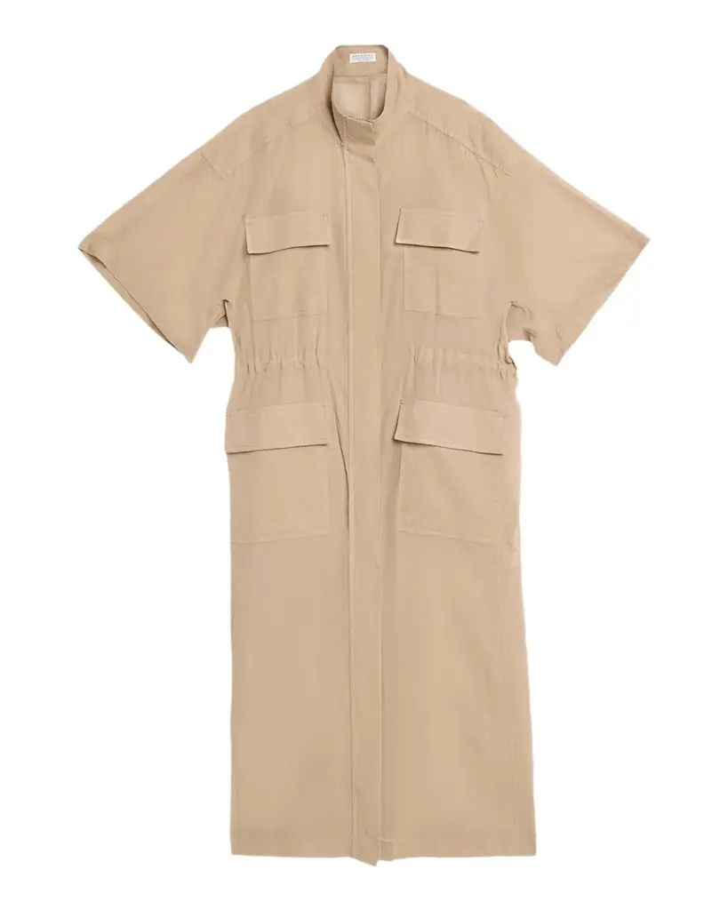 Brunello Cucinelli Short-Sleeve Cotton Utility Midi Dress | Image 1 Brunello Cucinelli Short-Sleeve Cotton Utility Midi Dress | Image 1