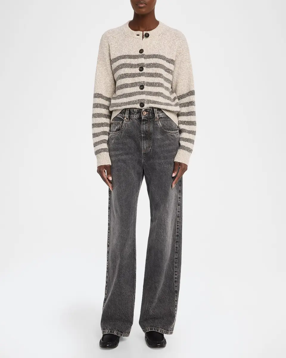 Brunello Cucinelli Striped Paillette Wool-Cashmere Crewneck Cardigan | Thumbnail 2 Brunello Cucinelli Striped Paillette Wool-Cashmere Crewneck Cardigan | Thumbnail 2