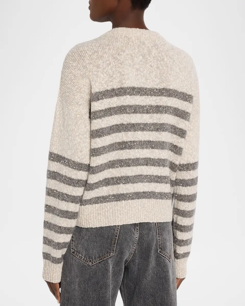 Brunello Cucinelli Striped Paillette Wool-Cashmere Crewneck Cardigan | Thumbnail 3 Brunello Cucinelli Striped Paillette Wool-Cashmere Crewneck Cardigan | Thumbnail 3