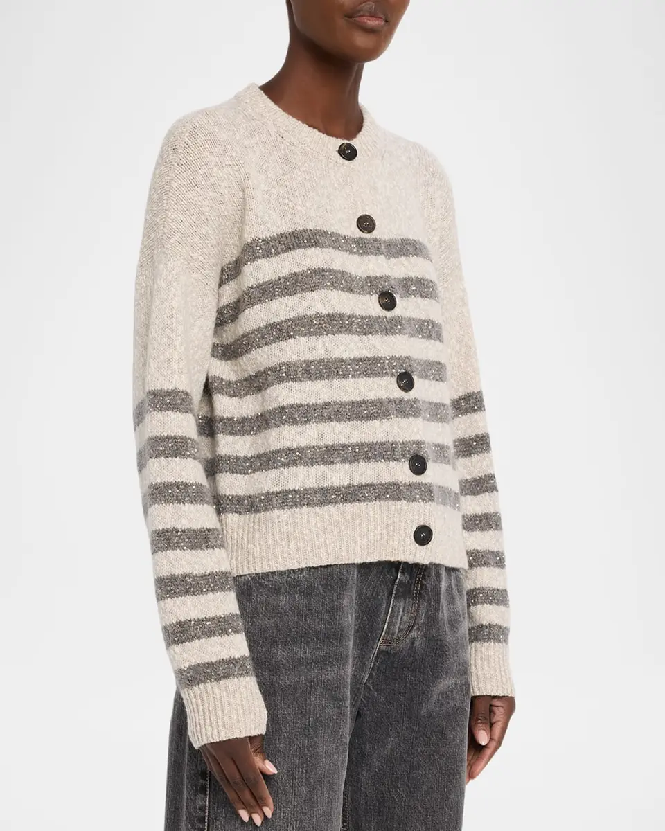 Brunello Cucinelli Striped Paillette Wool-Cashmere Crewneck Cardigan | Thumbnail 4 Brunello Cucinelli Striped Paillette Wool-Cashmere Crewneck Cardigan | Thumbnail 4