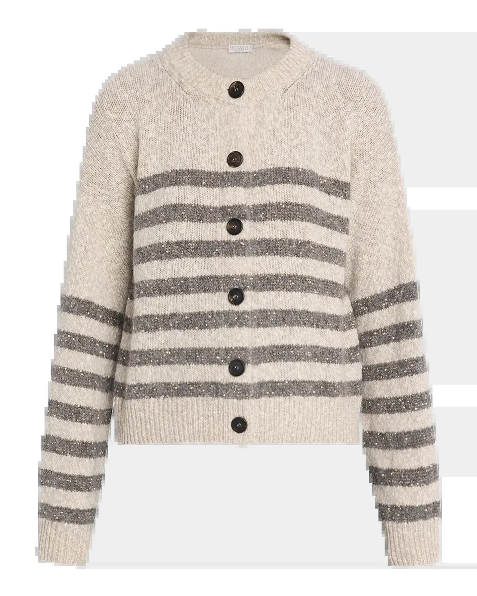 Brunello Cucinelli Striped Paillette Wool-Cashmere Crewneck Cardigan | Thumbnail 5 Brunello Cucinelli Striped Paillette Wool-Cashmere Crewneck Cardigan | Thumbnail 5