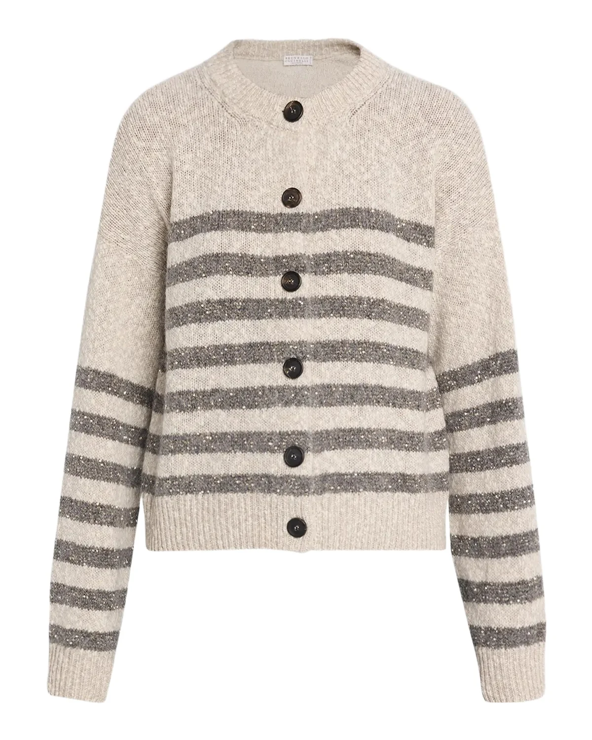 Striped Paillette Wool-Cashmere Crewneck Cardigan