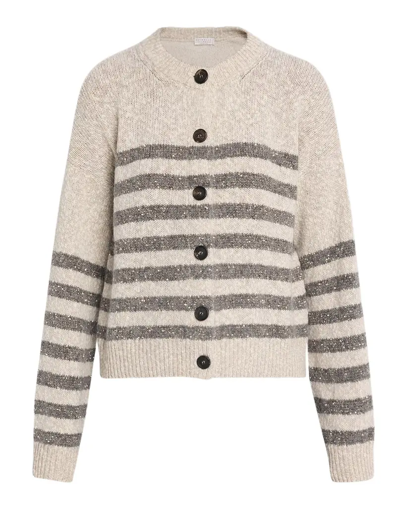 Brunello Cucinelli Striped Paillette Wool-Cashmere Crewneck Cardigan | Image 1 Brunello Cucinelli Striped Paillette Wool-Cashmere Crewneck Cardigan | Image 1