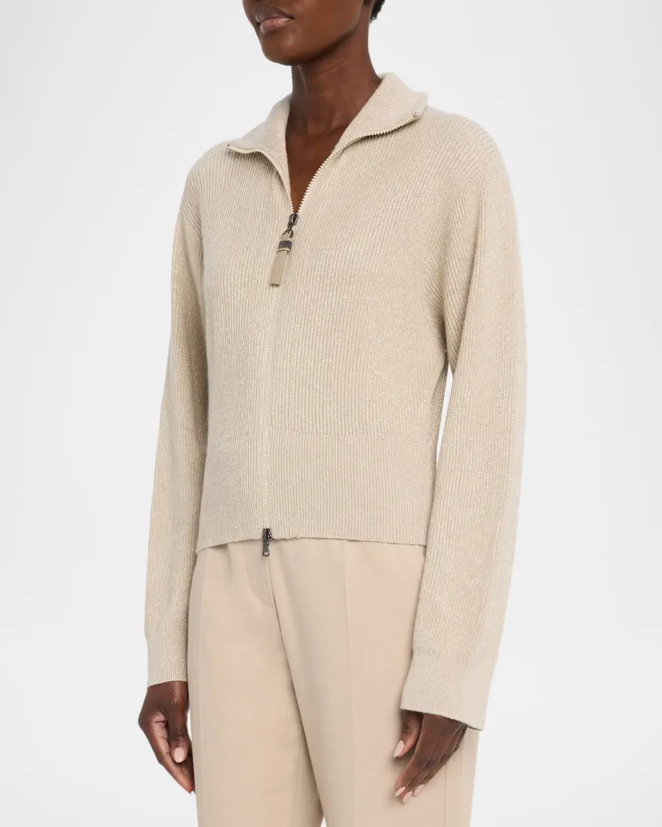 Brunello Cucinelli Sparkly Cashmere Rib Long-Sleeve Zip Cardigan | Thumbnail 4 Brunello Cucinelli Sparkly Cashmere Rib Long-Sleeve Zip Cardigan | Thumbnail 4