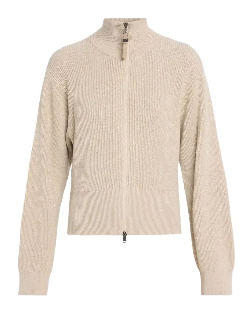 Brunello Cucinelli Sparkly Cashmere Rib Long-Sleeve Zip Cardigan | Image 1 Brunello Cucinelli Sparkly Cashmere Rib Long-Sleeve Zip Cardigan | Image 1