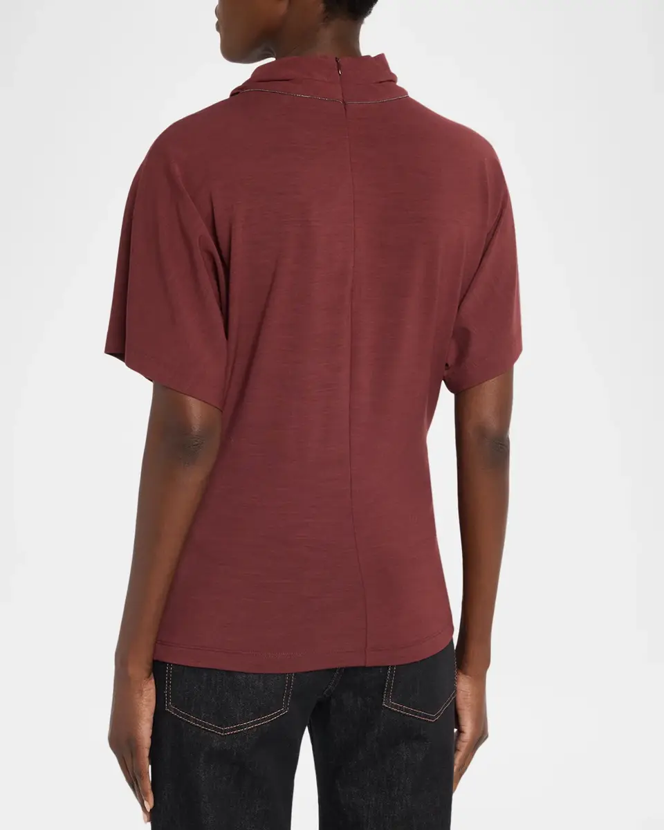 Brunello Cucinelli Mock-Neck Draped Jersey Short-Sleeve T-Shirt | Thumbnail 3